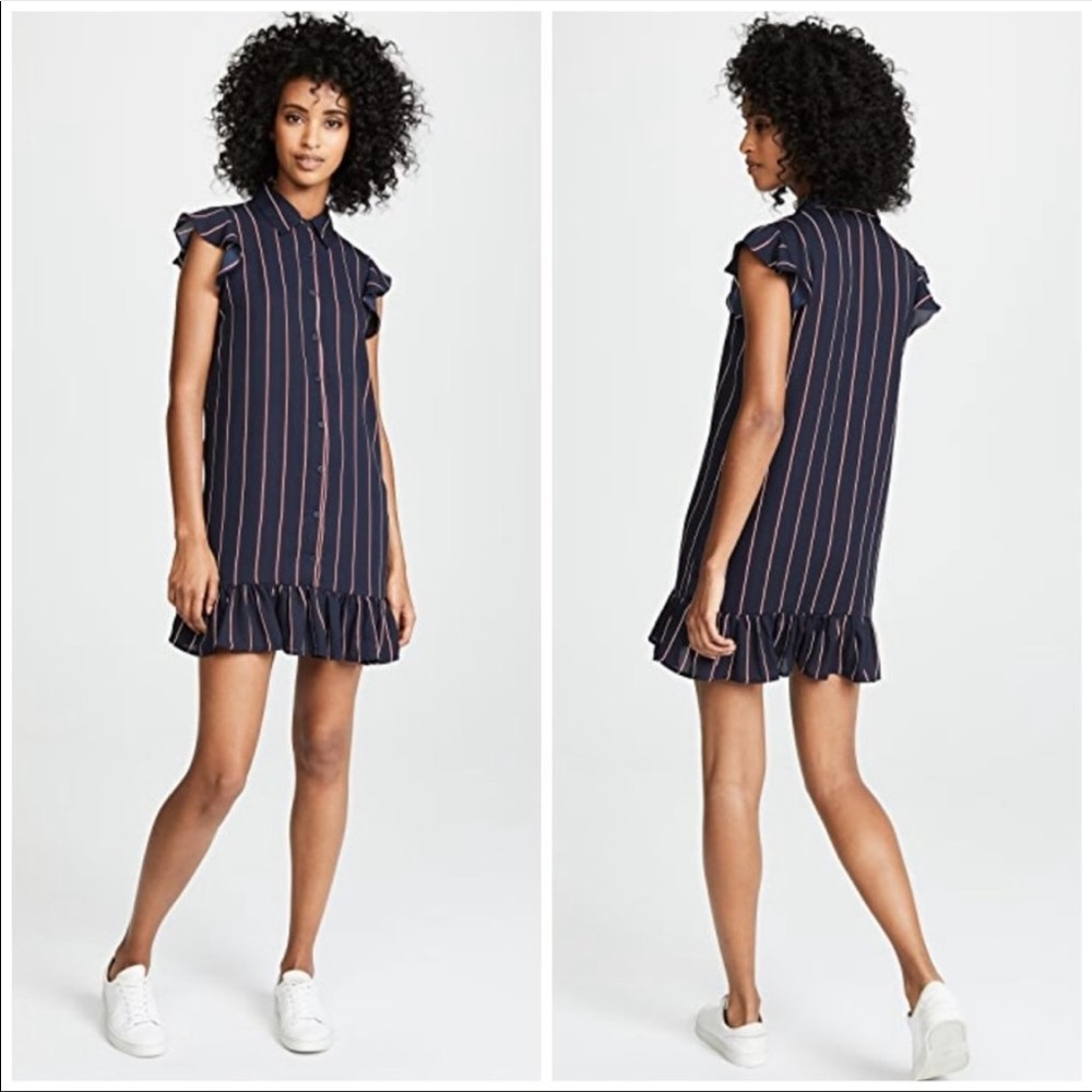 BB Dakota Navy American Pie Stripe Ruffled Button Down Shirt Dress